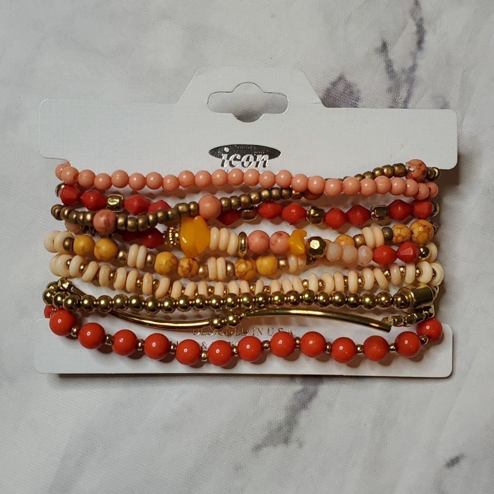 Orange, Coral, Gold set of beaded bracelets